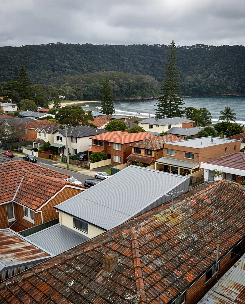 Ridgeline roofer fixing Colorbond sheets on a Wollongong home, escarpment behind