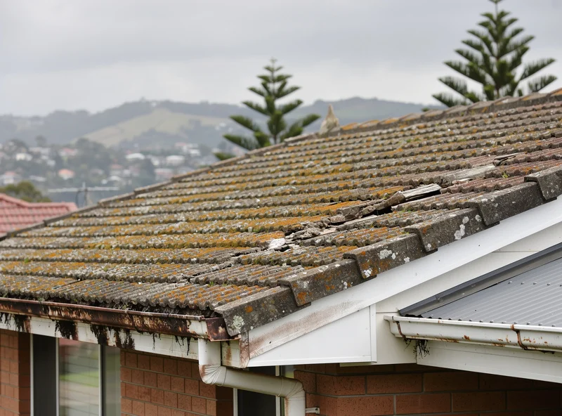 A Corrimal home with concrete tile roof covered in moss and lichen, cracked ridge capping