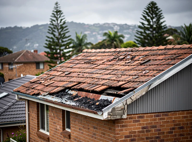 A 1960s Thirroul brick cottage with deteriorating terracotta tile roof, salt damage and rusted valleys